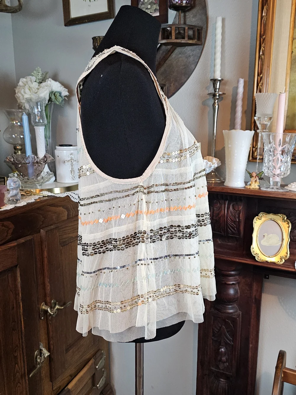 Free People Mercury Mesh Embellished Sequin Beaded Tank Top ivory XS